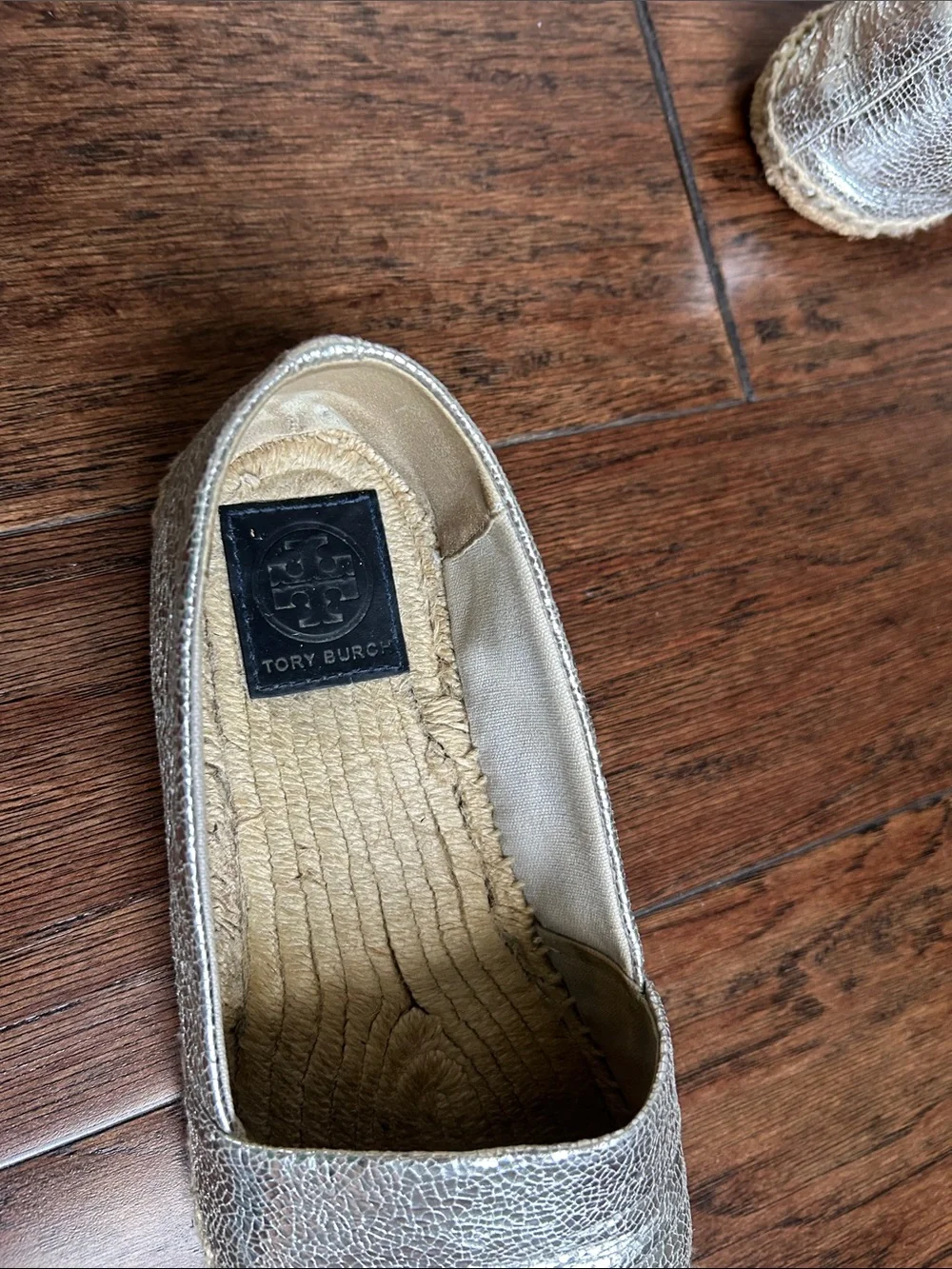 Tory Burch women’s size 9.5 Metallic Espadrille Flats in Silver and Navy